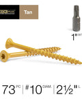Pro Grade Deck Screws 10 By 2 1/2 Inch 625 Pack Epoxy Coated Self Drilling Fasteners For Pressure Treated Lumber Outdoor Projects close-up image of tan coated screws and bit