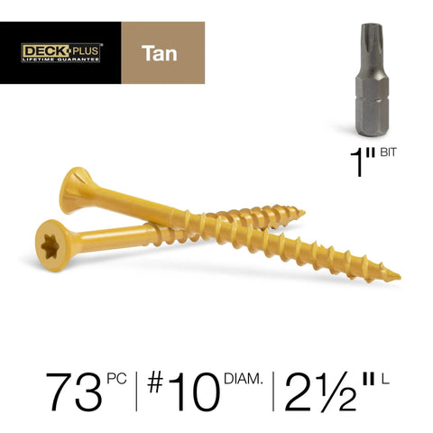 Pro Grade Deck Screws 10 By 2 1/2 Inch 625 Pack Epoxy Coated Self Drilling Fasteners For Pressure Treated Lumber Outdoor Projects close-up image of tan coated screws and bit