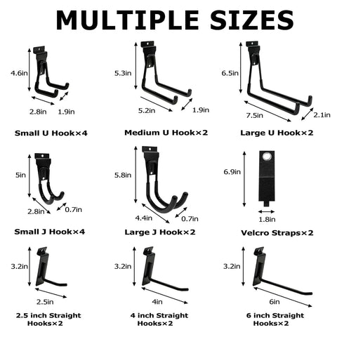 Heavy Duty Slatwall Hooks 22 Pack Set With Multi Size U And J Hooks For Ladders Bikes Garage And Garden Tools, size chart shown
