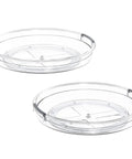 Clear Two Pack Rotating Lazy Susan Turntable For Kitchen Cabinets And Fridge Shelves. 10.6-inch clear trays for organized storage.