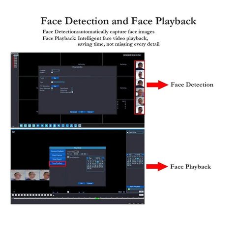 Face detection and playback features of 4K Ultra High Definition 8MP PoE NVR Security Camera Kit displayed on a computer interface.