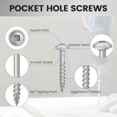 Diagram of Pocket Hole Screws One And A Quarter Inch, 373 Pcs Set, showing square drive, washer head, and thread details.