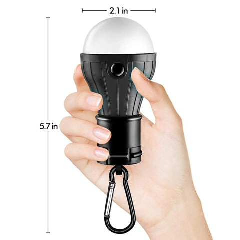 Palm Sized Portable LED Tent Light With Hanging Hook Emergency Lantern For Camping Hiking Backpacking Fishing And Power Outages Multicolor Glow 4 Pack Runs On 3 AAA Batteries Not Included, shown handheld with dimensions