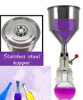 Heavy Duty Stainless Steel Manual Bottle Filler With Solid 10 Liter Hopper and Drip Free Piston Pump Adjusts From 5 To 60 Ml, top view of stainless steel hopper.