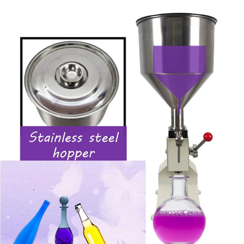 Heavy Duty Stainless Steel Manual Bottle Filler With Solid 10 Liter Hopper and Drip Free Piston Pump Adjusts From 5 To 60 Ml, top view of stainless steel hopper.
