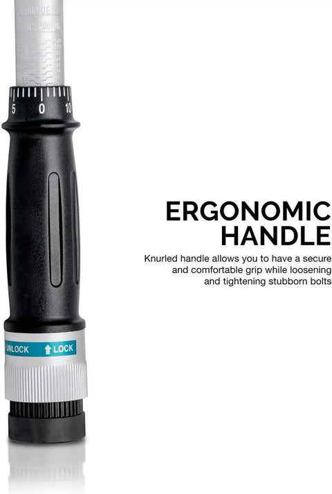 Close-up of ergonomic handle on Beefy Three Quarter Inch Drive Torque Wrench With Fifty To Three Hundred Foot Pound Range, Adjustable Click Torque, Thirty Four Inch Length