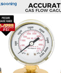 Front view of Mtsooning dual-output argon regulator with brass body and 0-4500 PSI gas flow gauge