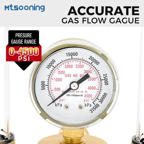 Front view of Mtsooning dual-output argon regulator with brass body and 0-4500 PSI gas flow gauge