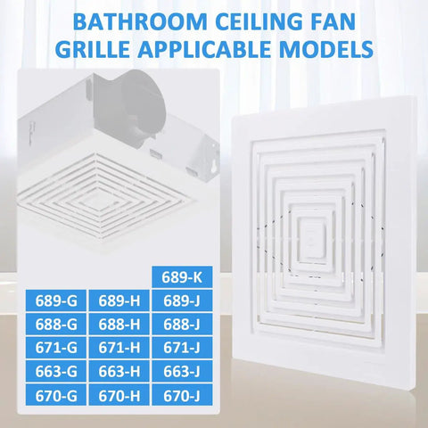 Replacement Grille Cover For Bathroom Exhaust Fan Square Ceiling Or Wall Mount Fits 97011723 663 670 671 675 688 689 Vent Fans White Plastic Grille Easy Install on display next to applicable models list