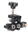 Front view of 3 In 1 Doweling Jig Kit with anodized aluminum body and brass limit block, showing rock solid fixing clamp and drill alignment feature.