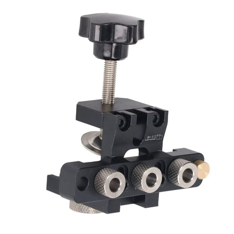 Close-up of Rock Solid 3 In 1 Pocket Hole Jig Kit And Doweling Guide, featuring anodized aluminum alloy with a locking steel vise.