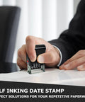 Self Inking Received Date Stamp With Blue And Red Ink For Business Files featuring a hand pressing down on the stamp.