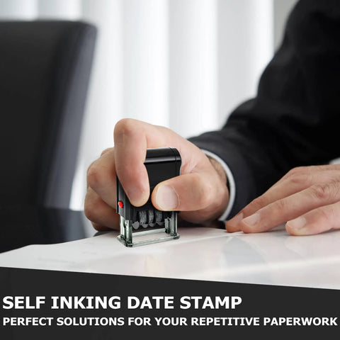 Self Inking Received Date Stamp With Blue And Red Ink For Business Files featuring a hand pressing down on the stamp.