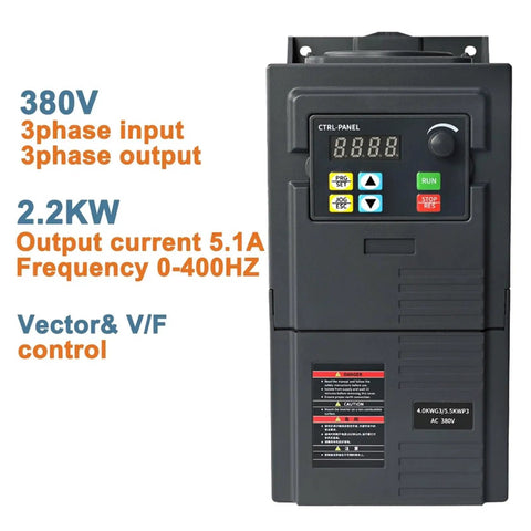 Front view of 2.2 kW VFD frequency converter inverter for 380V three-phase motors with soft start and speed control features.