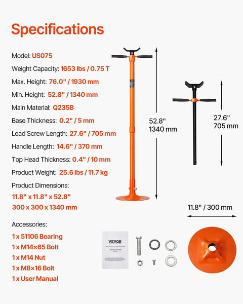 Specifications for Underhoist Support Stand Three Quarter Ton Capacity With Two Wheels Adjustable Height From Fifty One To Eighty Inches Bearing Mounted Spin Handle And Foot Pedal Built Tough Tubular Steel Vehicle Lift Stand For Auto Repair, including dimensions and accessories.