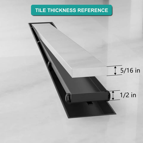Tile thickness reference for 24 Inch Matte Black Linear Shower Drain With Hair Catcher And Leveling Feet Rectangle Tile Insert Cover Reversible 2 In 1 Drain 304 Stainless Steel Bathroom Floor Drain Heavy Duty No Nonsense Rust Proof Easy Install.