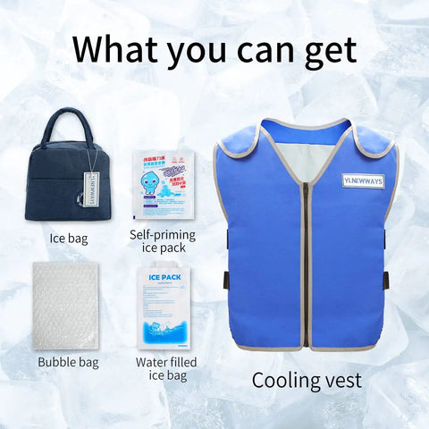 Cooling Vest For Men And Women With 24 Ice Packs, Ice Reflective Cooling Jacket For Hot Weather With Pockets displayed with accessories