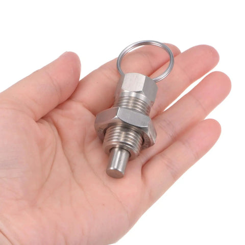 Solid Stainless Steel Spring Plunger With M16x1.5 Thread And 8mm Pin Shaft shown in hand for size reference.