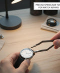 Dual Fork Spring Bar Tool For Watches With Pin Removal Tweezers in use for easy watch band adjustments and repairs.