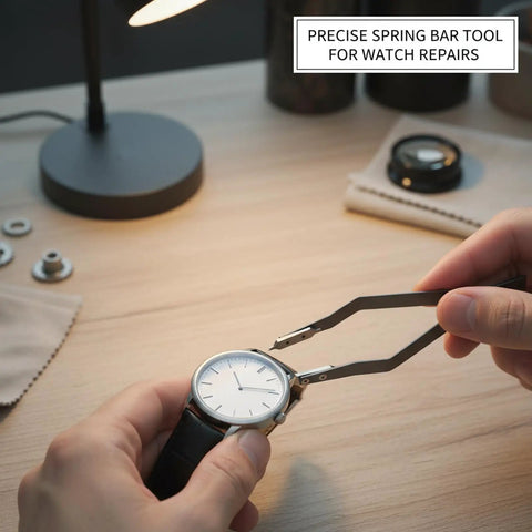 Dual Fork Spring Bar Tool For Watches With Pin Removal Tweezers in use for easy watch band adjustments and repairs.