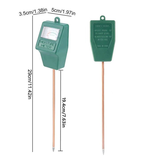 Front and back view of Soil Moisture Meter For Indoor And Outdoor Plants, Hygrometer Moisture Sensor with measurements included.