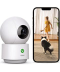 2K Indoor Security Camera With 360 Degree View, Baby Monitor And Pet Camera next to smartphone displaying girl and dog in room