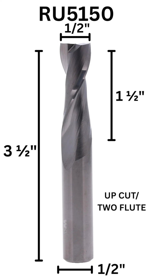 Pro Grade Up Cut Spiral Router Bit with Solid Carbide one half inch cutting diameter and shank, two flutes, showing dimensions.