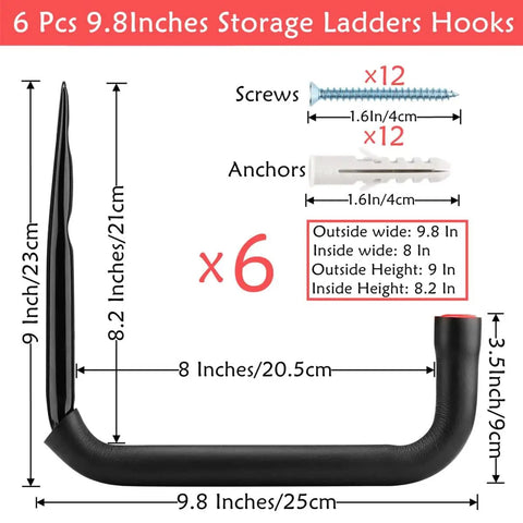 Heavy Duty Garage Storage Ladders Hooks Set 6 Pack Wall Mount Hangers That Hold Up To 50 Pounds diagram with dimensions and screws