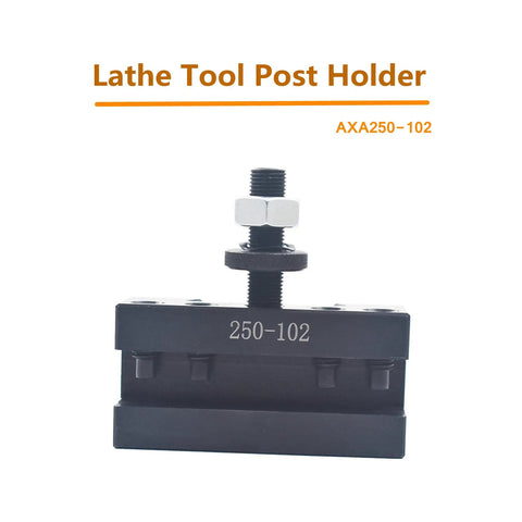 Six Piece AXA Wedge Type Quick Change Tool Post Set For Lathe 12 Inch Swing Dia Includes 250-111 250-101 250-102 250-104 250-107 250-110 Hardened Ground Steel Tool Post Holder Kit showing 250-102 black steel holder