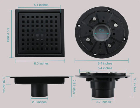 Sleek Six Inch Square Shower Drain Kit In Matte Black 304 Stainless Steel With A Snag Free Hair Catcher showing dimensions and design.