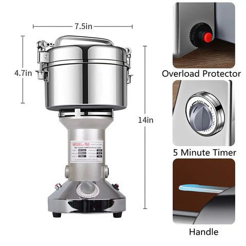 Powerhouse 2000W Grain Mill Grinder 750g High Speed Electric Stainless Steel Pulverizer for Dry Spices with timer and handle