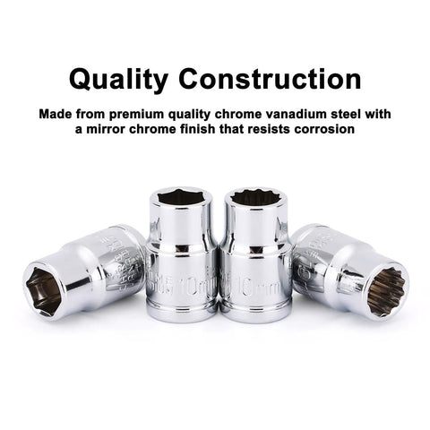 Impact Socket Set With One Quarter Inch And Three Eighths Inch Drives, Deep And Shallow Sockets, 10mm Metric, Mirror Chrome Finish, 6 Point And 12 Point Design, Laser Etched And Roll Stamped For Easy Identification