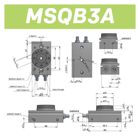 Technical drawing of Rotating Pneumatic Cylinder Double Acting Air Cushion Actuator For 1A 2A 3A And 7A Series.