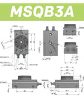 Technical drawing of Pro Grade Pneumatic Rotating Cylinder Double Acting Air Cushion Actuator for MSQB 1A 2A 3A 7A Models.
