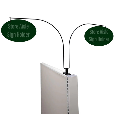 Game Changing Curved Gondola Shelf Double Side Magnetic Base Sign Holder Rack Retail Store Aisle Walkway Section Markers And Labels Fast Gripping Easy Install 5 Pack with curved hooks holding signs over a shelf.