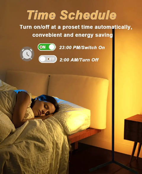 Woman sleeping beside Dope RGB Corner Floor Lamp With Music Sync And Dimmable Color Changing LED Light, 16 Million Colors, 64 Plus Modes.