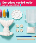 Mermaid Crystal Growing Kit For Kids 6 To 8, STEM Craft Toy That Grows Sparkling Crystals On A Mermaid Tail, Totally Screen-Free, Hands-On Science And Art Project For Young Scientists. Kit parts shown: mermaid tail mold, cups, paints.