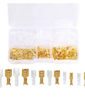 Kickstart Your DIY Projects With This Awesome 150 Piece Assorted Female Crimp Spade Terminal Kit Featuring 2.8mm 4.8mm And 6.3mm Connectors Plus Full Insulation Sheath For Serious Wire Wrapping Mastery. Clear box with gold female crimp spade terminals and insulated sleeves