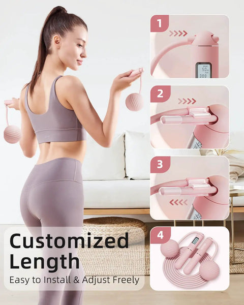 Woman using Cordless Jump Rope With Counter And LCD Display, 2 In 1 Ropeless Jump Rope With Ball Weighted Design, pink color.