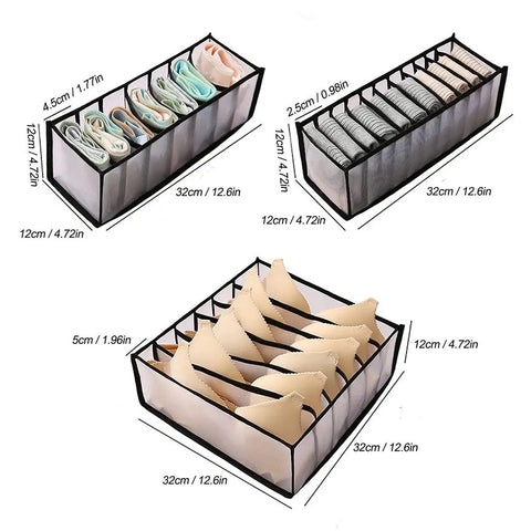 Slick Nylon Mesh Drawer Divider Set For Bras Socks And Lingerie Dresser Sorting Bins, 3 piece set showing organized underwear.