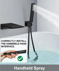 Waterfall Wall Mount Tub Faucet Set With Handheld Sprayer Matte Black Finish Single Handle Tub Filler spraying water into tub