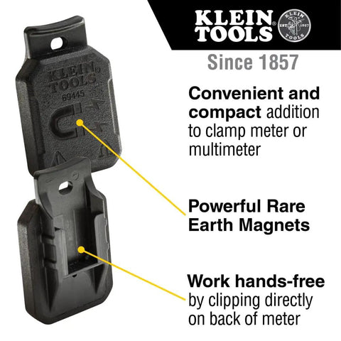 Magnetic Hanger For Clamp Meters And Multimeters With Powerful Rare Earth Magnets, black, shown in packaging with features labeled