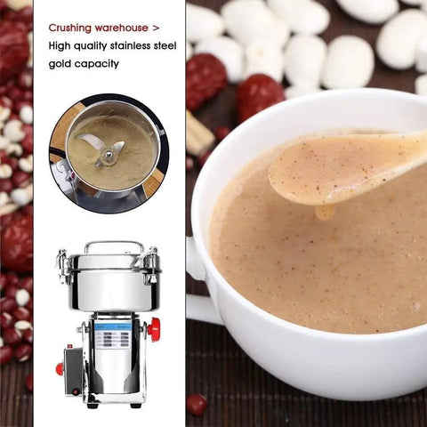 Stainless Steel Electric Grain Grinder High Speed Swing Type Powder Maker shown with cup of ground grain soup