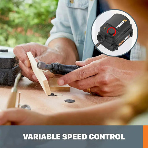 Hands using 2 Piece Crafting Tool Combo Kit Rotary Tool And Wood And Metal Crafter With Universal Bit Compatibility on wood