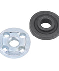 Angle grinder chuck adapter kit: silver metal flange with four mounting holes and center bore, plus black rubber spacer