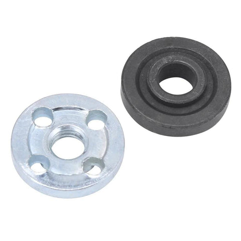Angle grinder chuck adapter kit: silver metal flange with four mounting holes and center bore, plus black rubber spacer