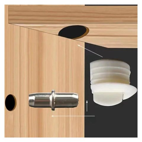 Cam Lock Pins Set For Do It Yourself Furniture And Cabinet Builds, 16 Piece Interlocking Pin And Cam Connector Kit shown close-up