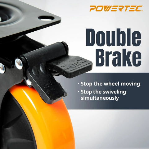 Powertec 6-inch swivel caster wheels, set of 4 with dual locking brake; orange wheels