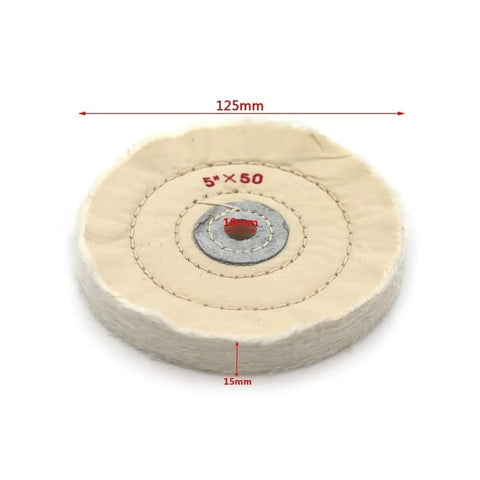 5 Inch 50-Ply Cotton Polishing Wheel With 10mm Arbor Bench Grinder Buffer showing top view and dimensions for shiny metal and wood finishing jobs.