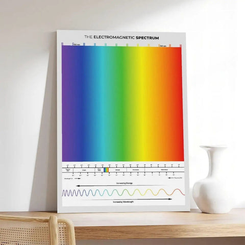 Electromagnetic Spectrum Wall Art Canvas Print For Classroom And Home Decor on shelf, colorful spectrum illustration.